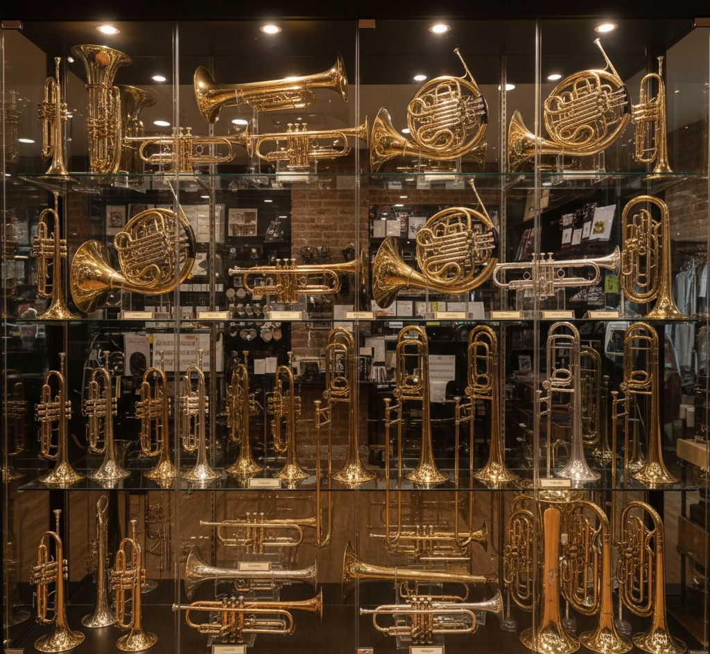 Illustrazione di varie trombe e tromboni in una vetrina